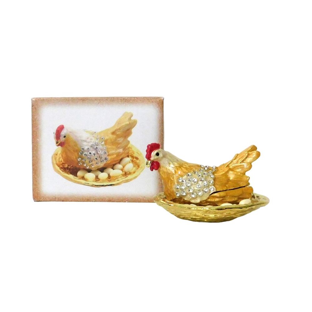 Hen with Eggs Hinged Box Bedazzled Gold Red White Silver Jeweled Collection